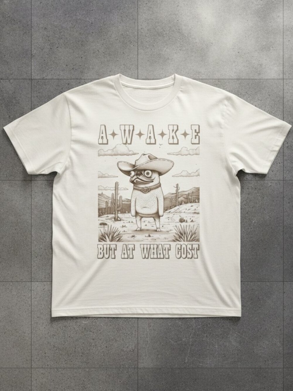 Awake But At What Cost Cowboy Pug Desert Funny Vintage White T-Shirt